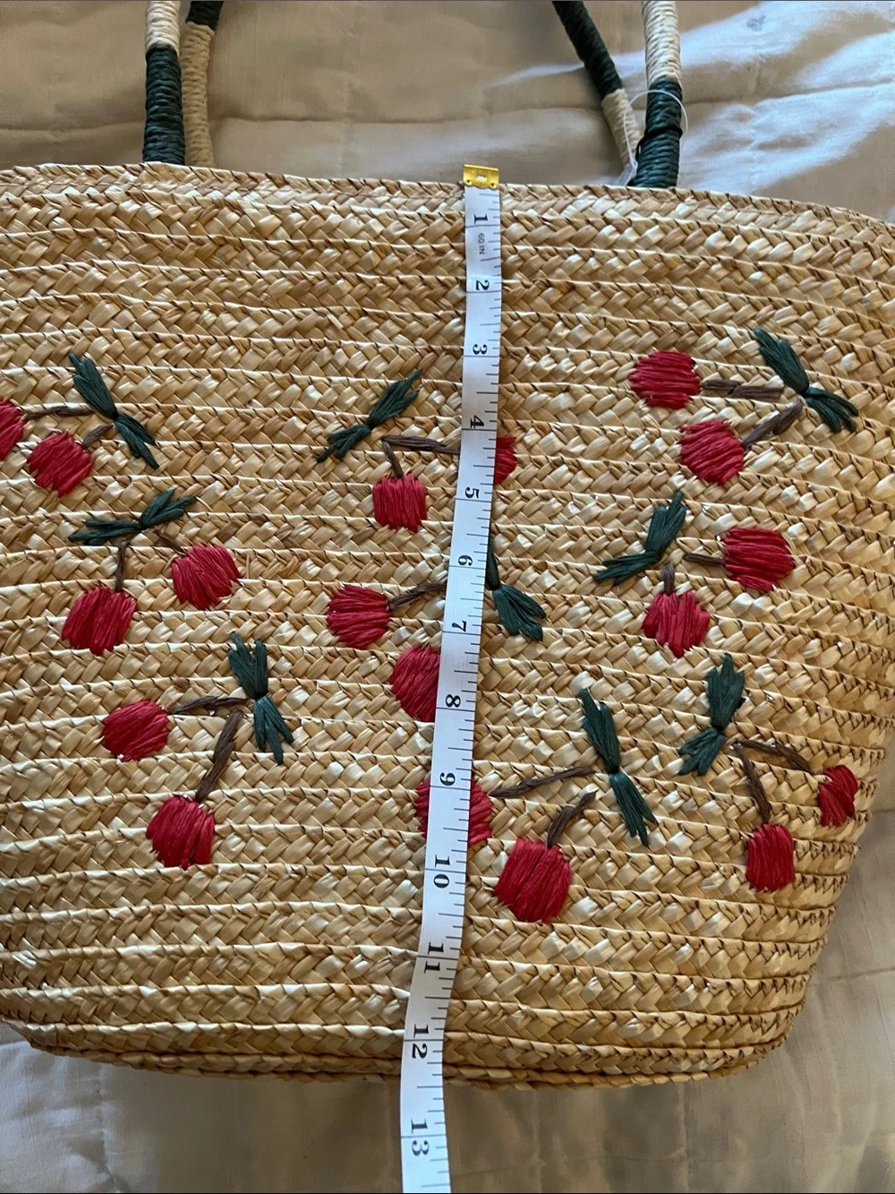 Embroidered Cherry Straw Tote - Natural/Red